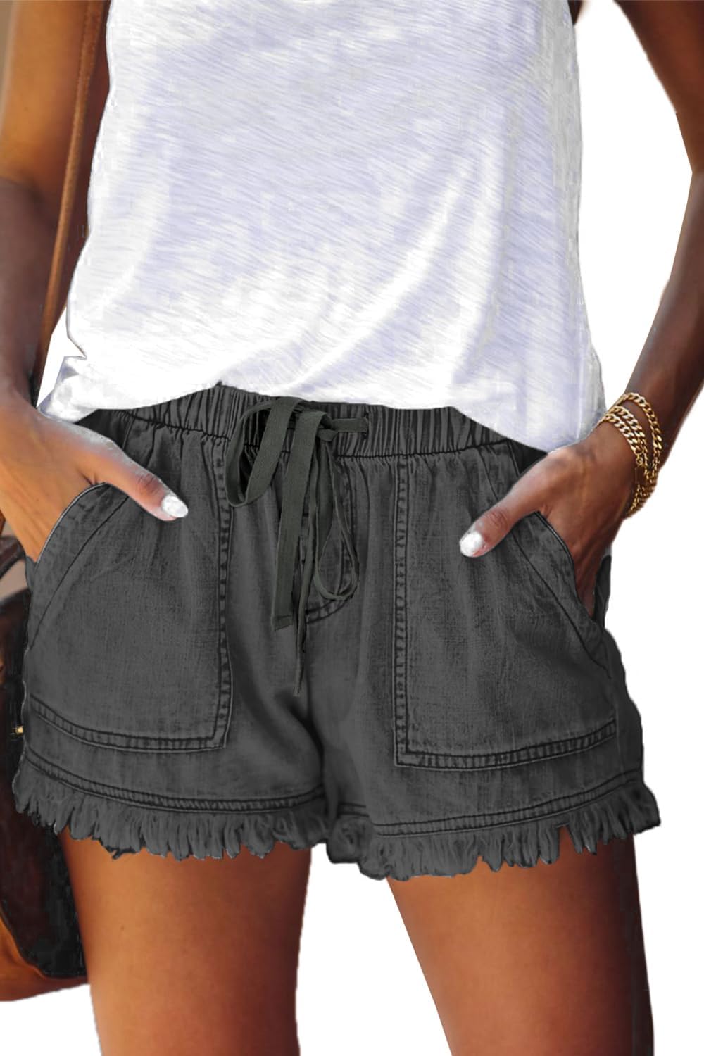 Damen leichte Shorts, lässig, weit geschnitten, trendige kurze Hose, elastischer Bund mit Kordelzug, bequeme Shorts