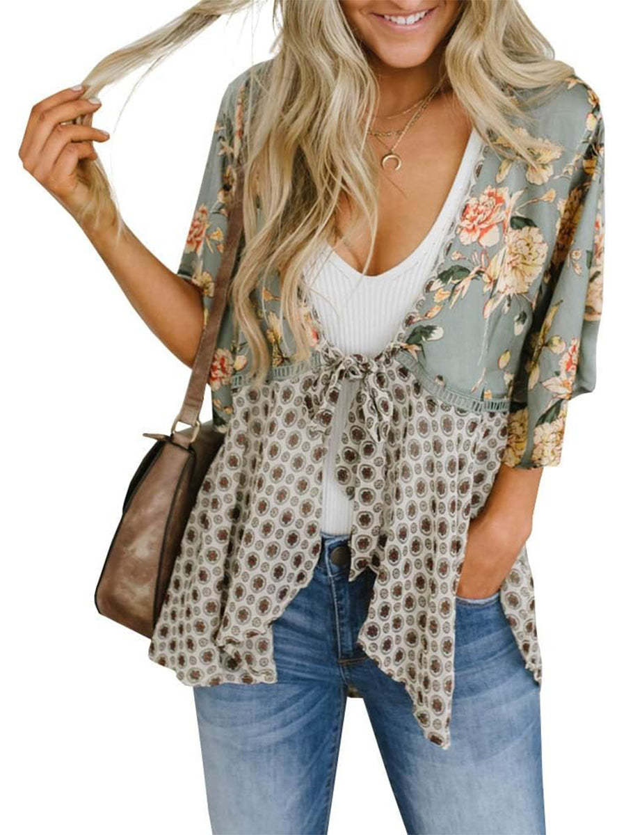 Damen Kimono mit Blumenmuster, Rüschenärmel, zum Binden, fließend, Boho, locker, als Überwurf